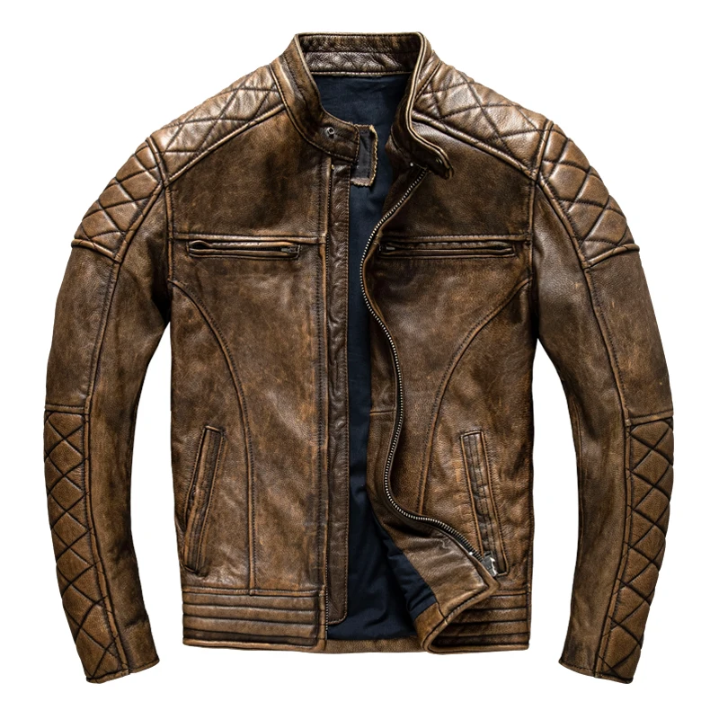 Men'S Fashion Leather Jacket - Vintage Men Leather Jacket Yellow Brown