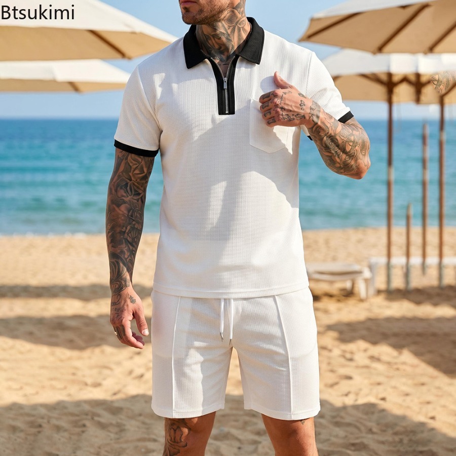 Mens Fashion Streetwear - Mens Waffle Collar Polo Short Sleeved