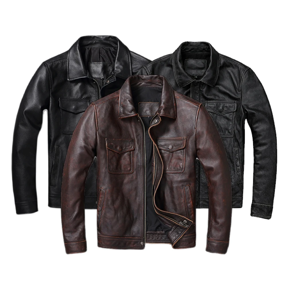 Vintage Brown Red Genuine Leat - Men'S Fashion Leather Jacket ulasan dan harga