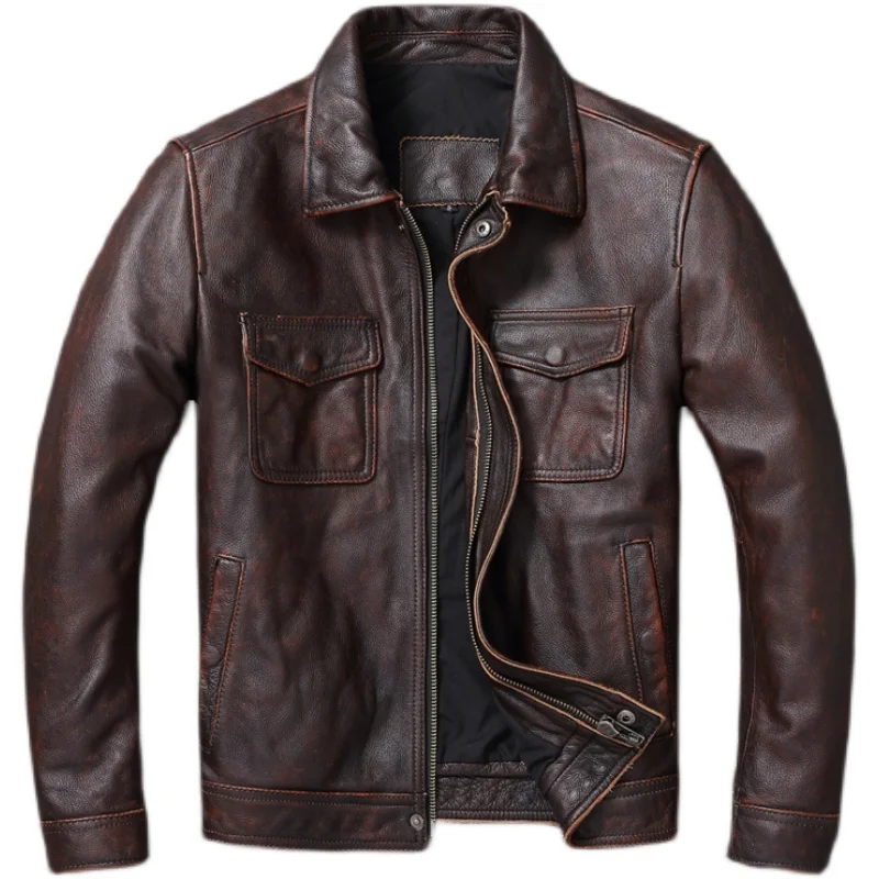 Vintage Brown Red Genuine Leat - Men'S Fashion Leather Jacket ulasan dan harga